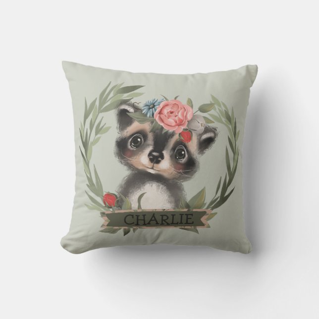 Floral Baby Racoon  Cushion (Front)