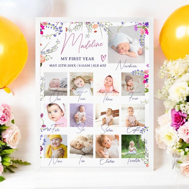 Floral Baby’s First Year Photo Collage Milestone Poster (Floral Baby’s First Year Photo Collage Milestone Poster)