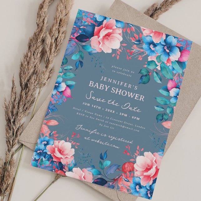 Floral Baby Shower Blue Pink Save Date Dusty Blue Invitation (Floral Baby Shower Blue Pink Save Date Dusty Blue Invitation)