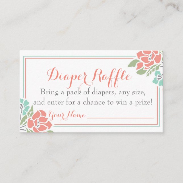 Floral Baby Shower Diaper Raffle Ticket Coral Teal Enclosure Card (Front)