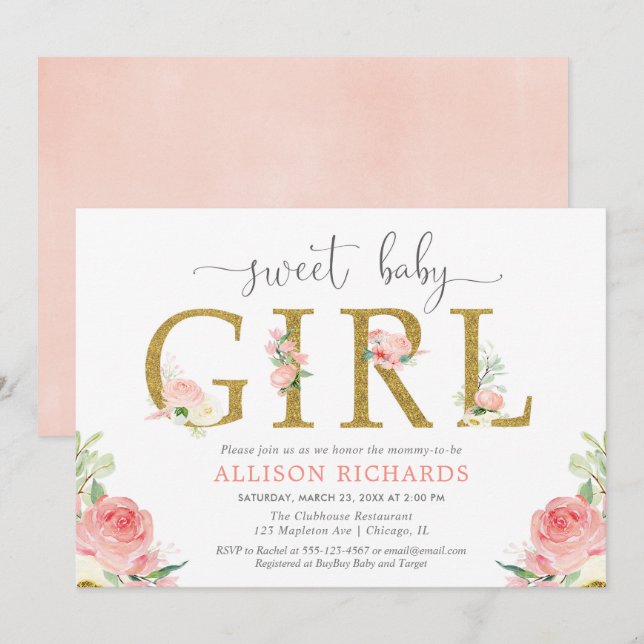 Floral baby shower, elegant blush pink gold girl invitation (Front/Back)