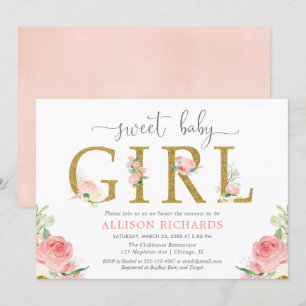 Floral baby shower, elegant blush pink gold girl invitation