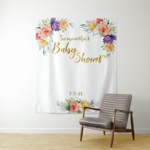 Floral Baby Shower Gold Backdrop Photo Booth Tapestry