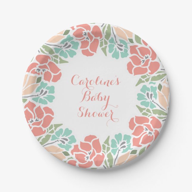 Floral Baby Shower in Coral and Teal Paper Plate (Front)