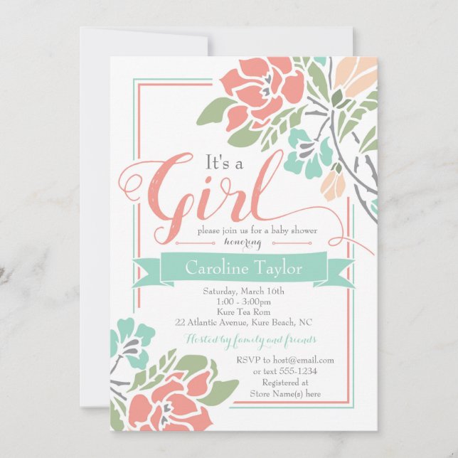 Floral Baby Shower Invitation - Coral and Teal (Front)