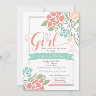 Floral Baby Shower Invitation - Coral and Teal