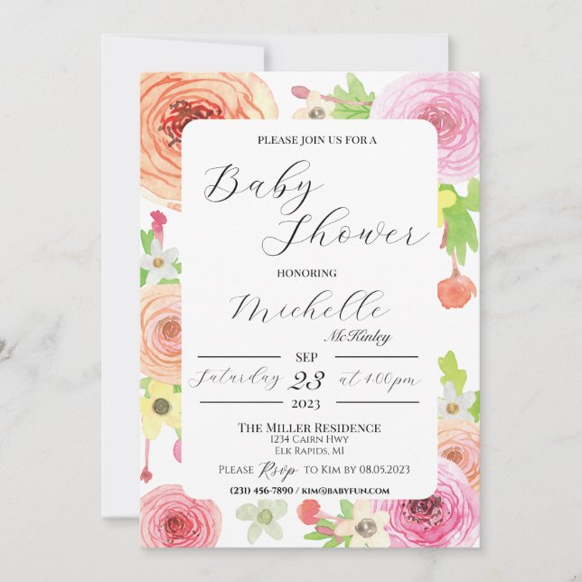 Floral Baby Shower Invitation Watercolor Flowers (Front)
