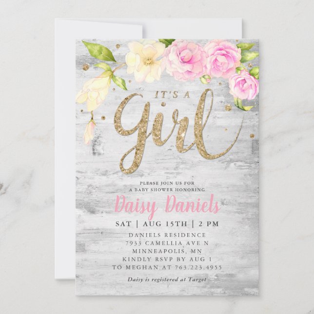 Floral Baby Shower | It's A Girl Invitation (Front)