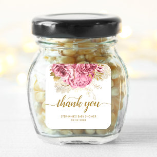 Floral Baby Shower Pink Gold Thank You Square Sticker