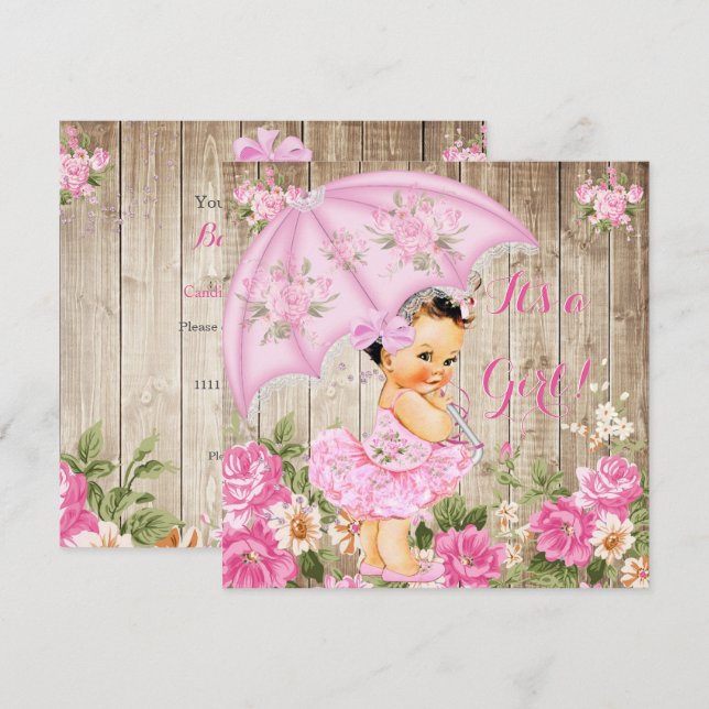Floral Baby Shower Pink Rustic Wood Girl Brunette Invitation (Front/Back)