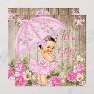 Floral Baby Shower Pink Rustic Wood Girl Brunette Invitation