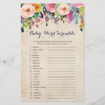 Floral Baby Shower Word Scramble Game Cards