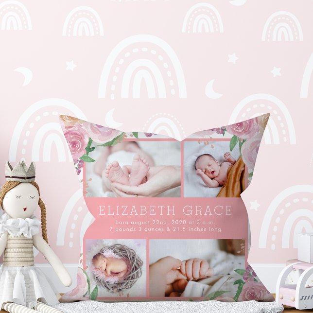 Floral Baby Stats Announcement Personalised Pillow (Creator Uploaded)