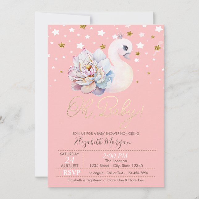 Floral Baby Swan Crown Stars Baby Shower Invitation (Front)