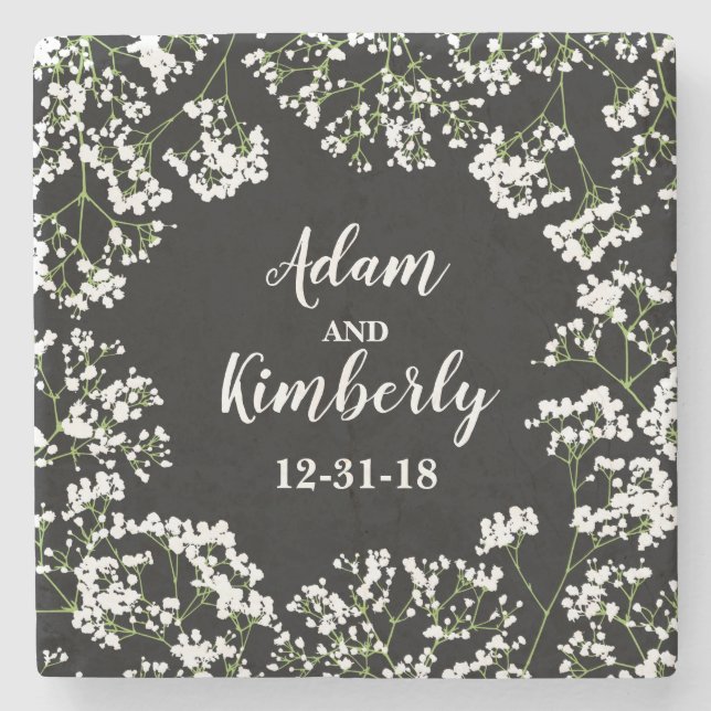 Floral Babys Breath Personalised Wedding Newlywed Stone Coaster (Front)