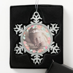 Floral Baby's First Christmas Snowflake Pewter Christmas Ornament