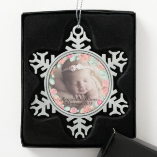 Floral Baby's First Christmas Snowflake Pewter Christmas Ornament
