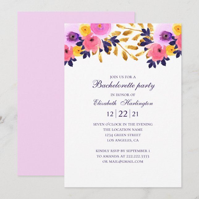 Floral bachelorette party. Pink and purple flowers Invitation (Front/Back)