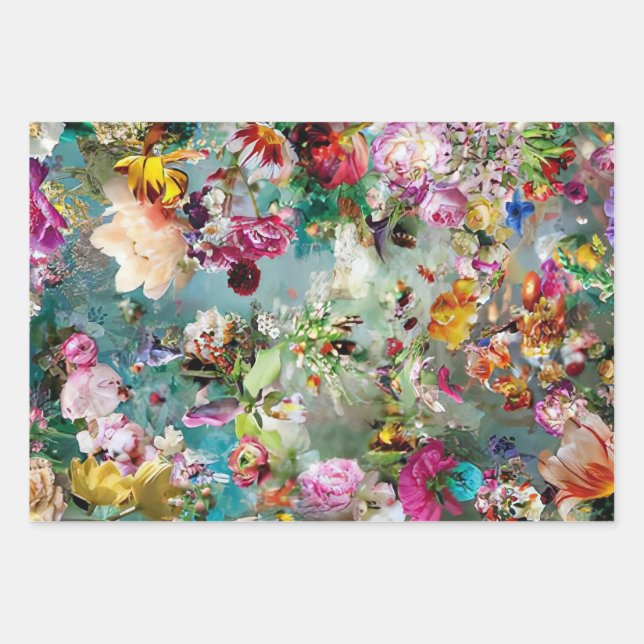 Floral Background Multi Coloured Teal Wrapping Paper Sheet (Front)