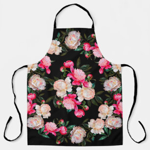 Floral background. Peonies pink and white on a dar Apron
