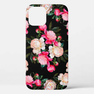 Floral background. Peonies pink and white on a dar iPhone 12 Case