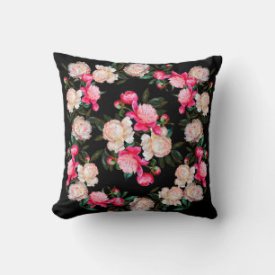 Floral background. Peonies pink and white on a dar Cushion