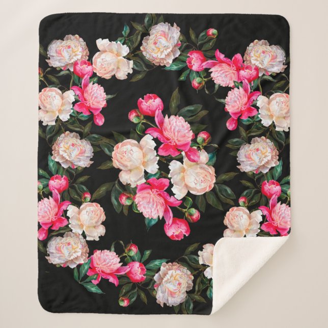 Floral background. Peonies pink and white on a dar Sherpa Blanket (Front)