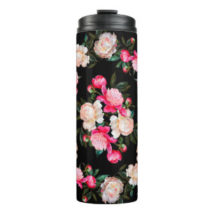 Floral background. Peonies pink and white on a dar Thermal Tumbler