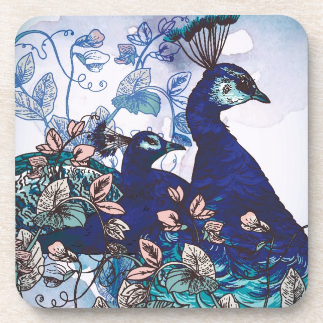 Floral Background with Peacocks Coaster (Front)