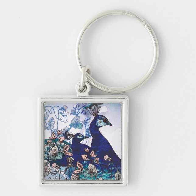 Floral Background with Peacocks Key Ring (Front)