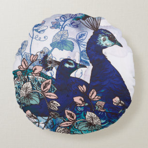 Floral Background with Peacocks Round Cushion