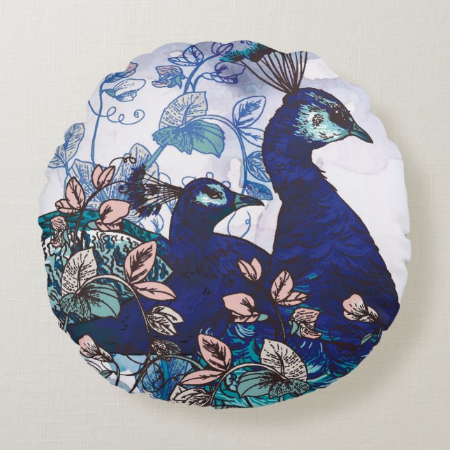 Floral Background with Peacocks Round Cushion (Front)