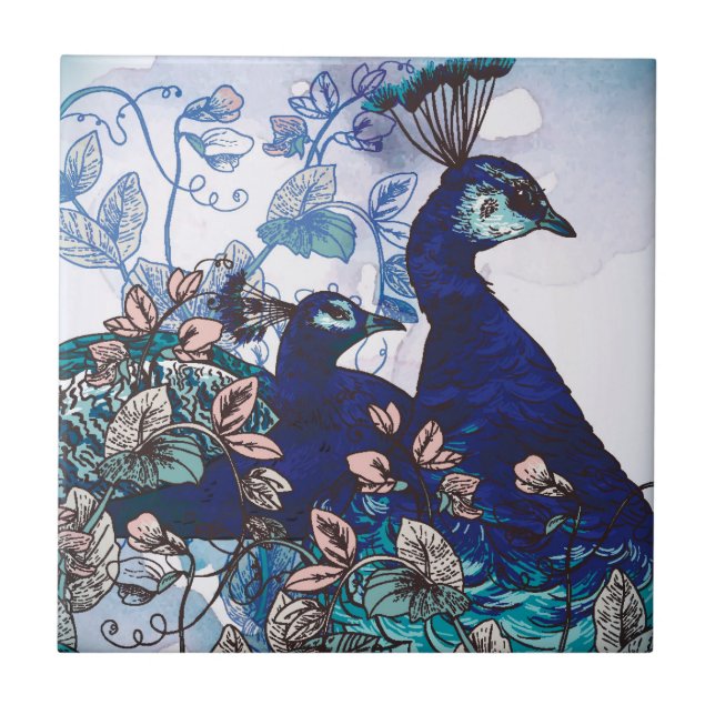 Floral Background with Peacocks Tile (Front)
