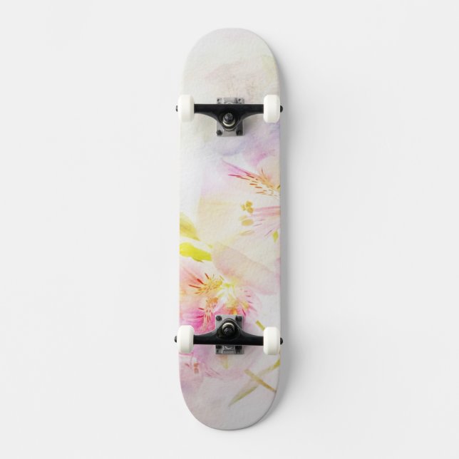 floral background with watercolor flowers skateboard (Front)
