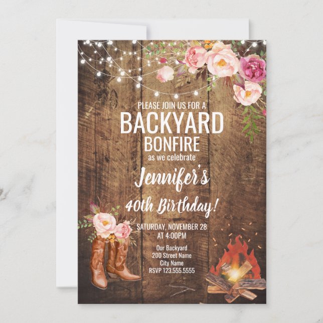 Floral Backyard Bonfire Birthday Party Invitation (Front)