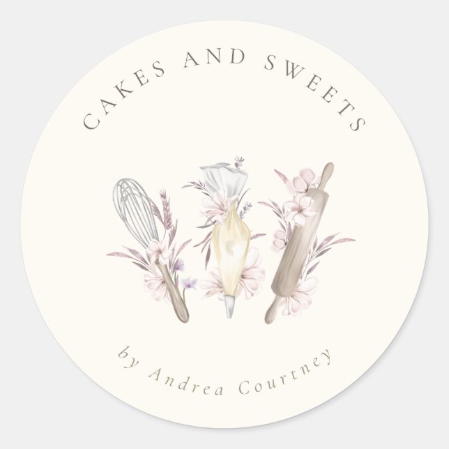 Floral Bakery Pastry Chef Baking Utensils Classic Round Sticker (Front)