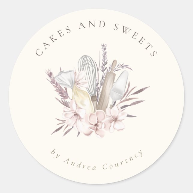 Floral Bakery Pastry Chef Baking Utensils Classic Round Sticker (Front)