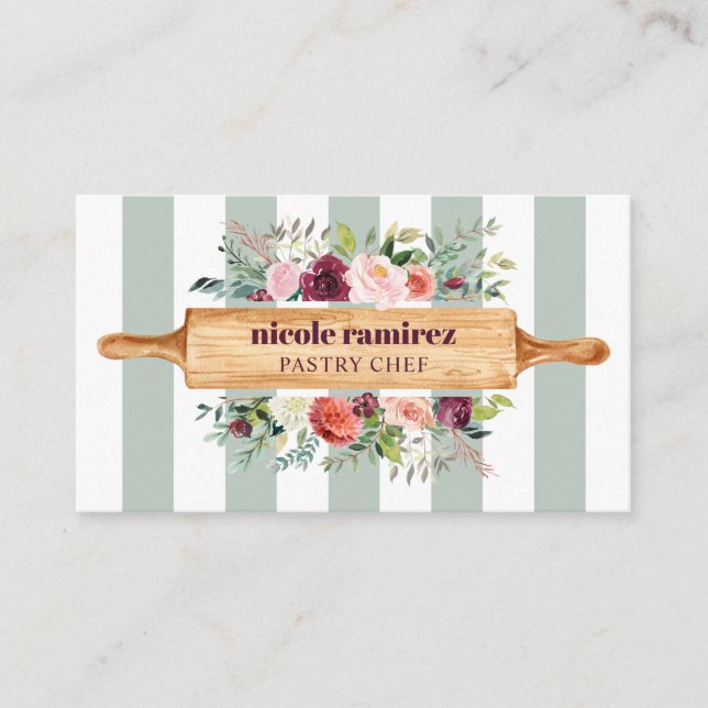 Floral Bakery Patisserie stripe burgundy Business Card (Front)