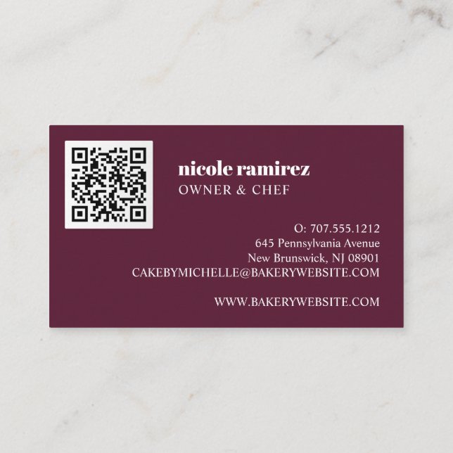 Floral Bakery Patisserie stripe burgundy QR CODE  Business Card (Back)