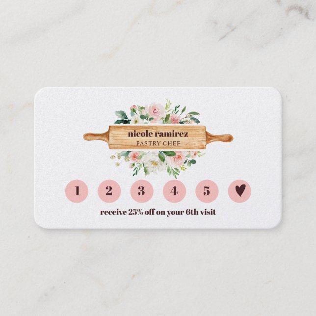 Floral Bakery Rolling Pin 6 Punch Loyalty Business Card (Front)
