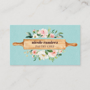 Floral Bakery Rolling Pin Dessert Blue Leather Business Card