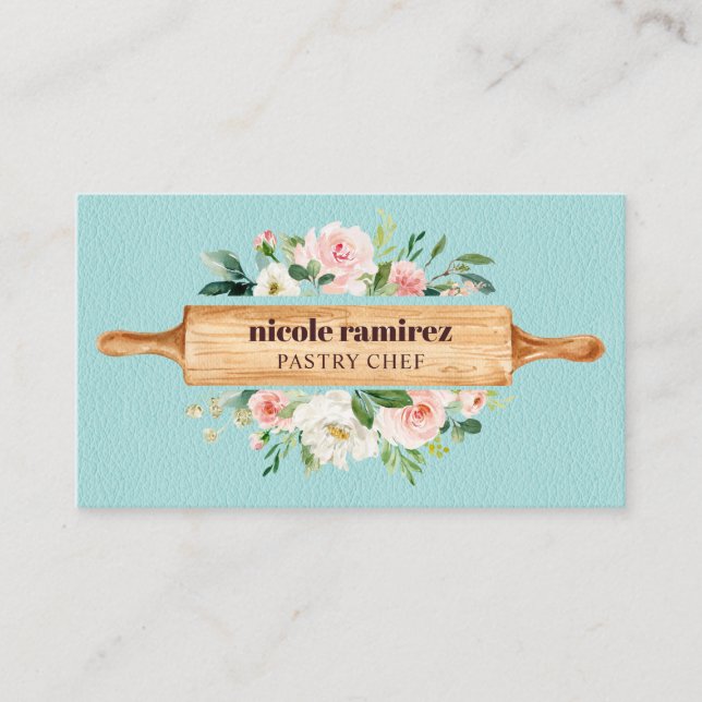 Floral Bakery Rolling Pin Dessert Blue Leather Business Card (Front)