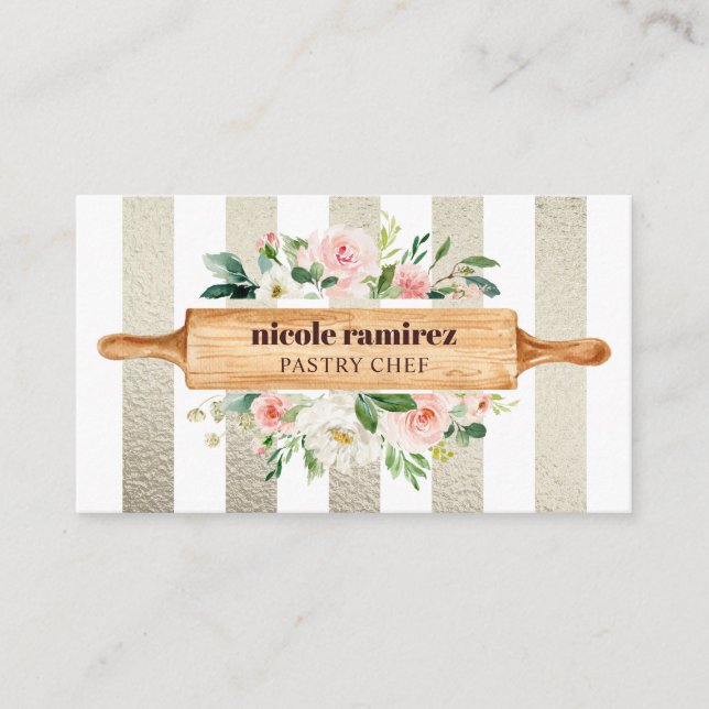 Floral Bakery Rolling Pin Patisserie GOLD Business Card (Front)