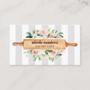 Floral Bakery Rolling Pin Patisserie striped grey Business Card