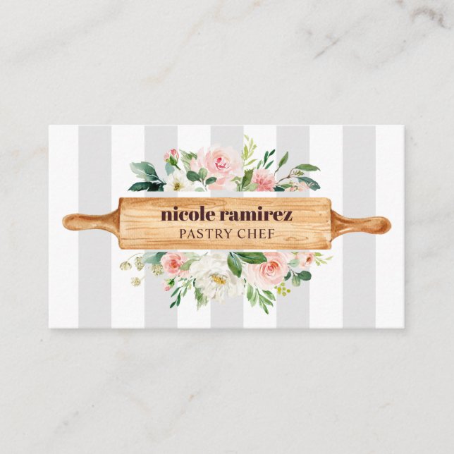 Floral Bakery Rolling Pin Patisserie striped grey Business Card (Front)