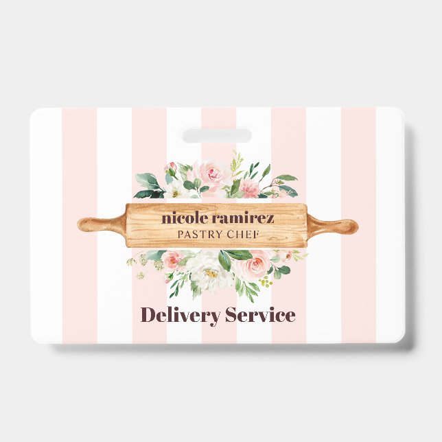 Floral Bakery Rolling Pin Patisserie striped ID Badge (Front)