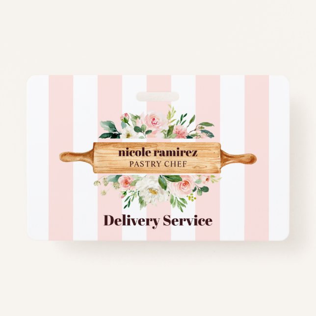 Floral Bakery Rolling Pin Patisserie striped ID Badge (Front)