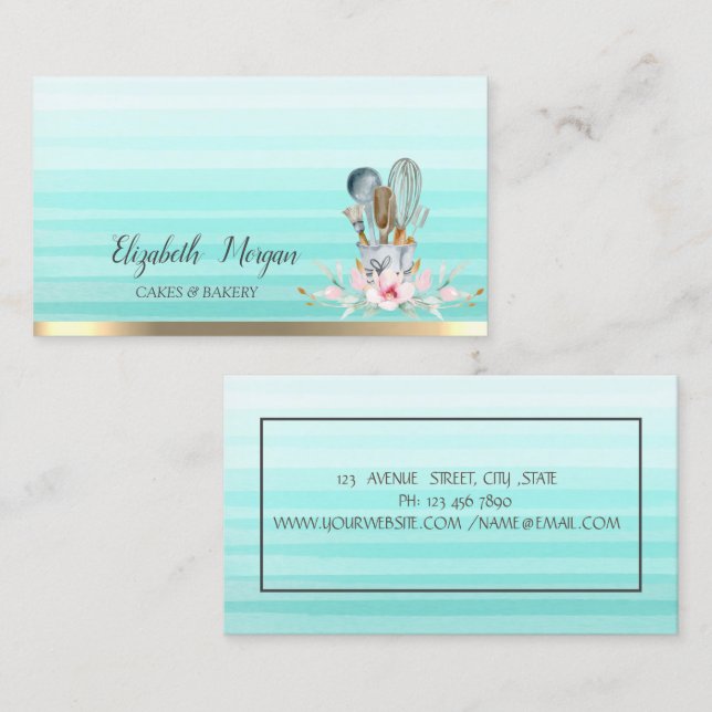 Floral Bakery Tool Stripe Ombre  Business Card (Front/Back)