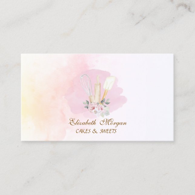 Floral Bakery Tools Watercolor Business Card (Front)