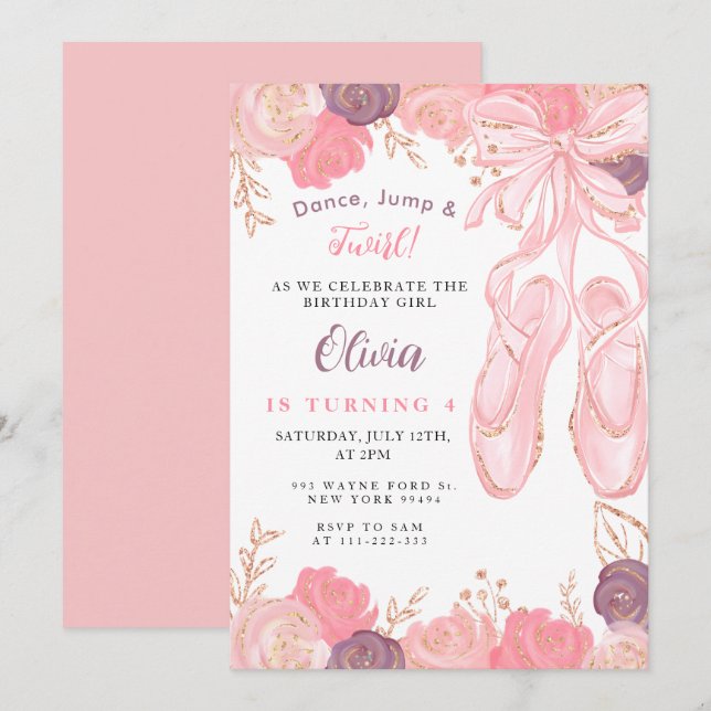 Floral Ballerina Ballet Slippers Girl Birthday Invitation (Front/Back)